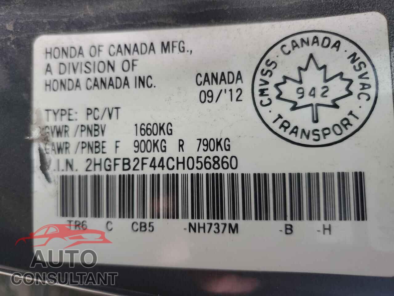 HONDA CIVIC 2012 - 2HGFB2F44CH056860