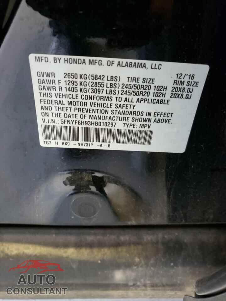 HONDA PILOT 2017 - 5FNYF6H93HB010297