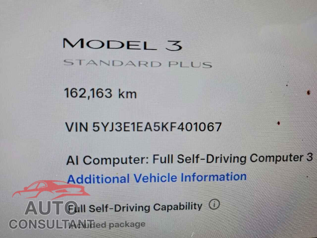 TESLA MODEL 3 2019 - 5YJ3E1EA5KF401067
