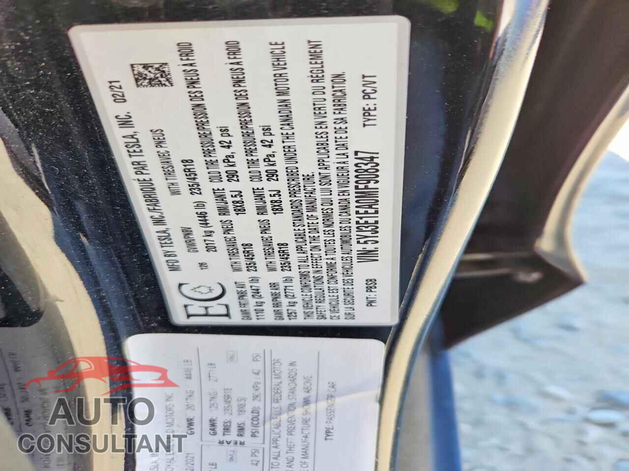 TESLA MODEL 3 2021 - 5YJ3E1EA0MF908347