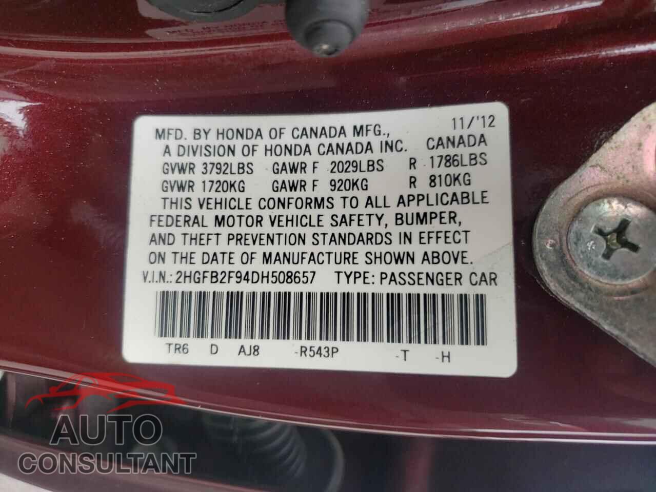 HONDA CIVIC 2013 - 2HGFB2F94DH508657