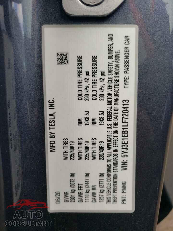 TESLA MODEL 3 2020 - 5YJ3E1EB1LF720413