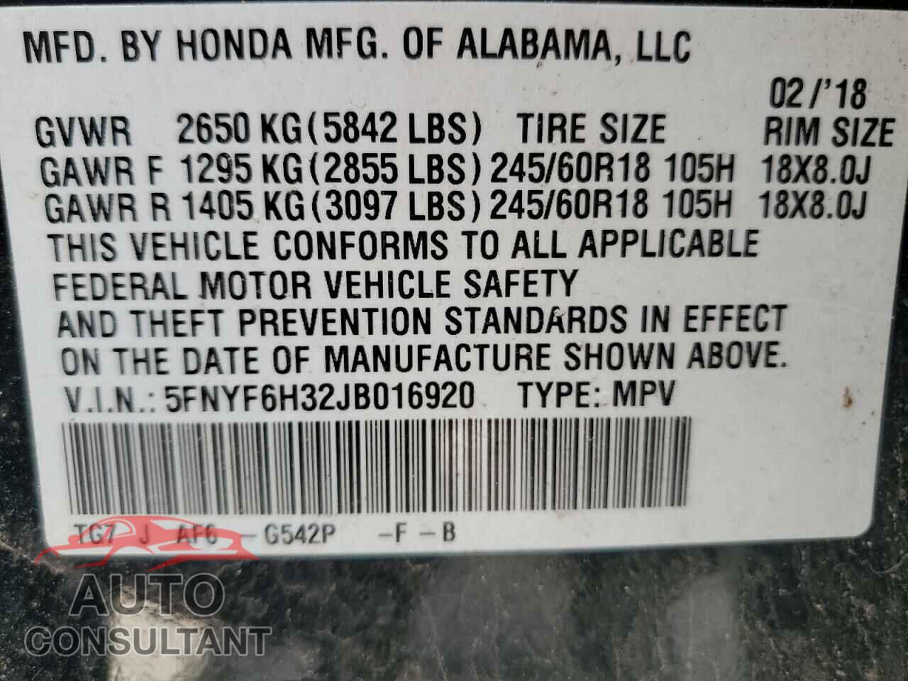HONDA PILOT 2018 - 5FNYF6H32JB016920
