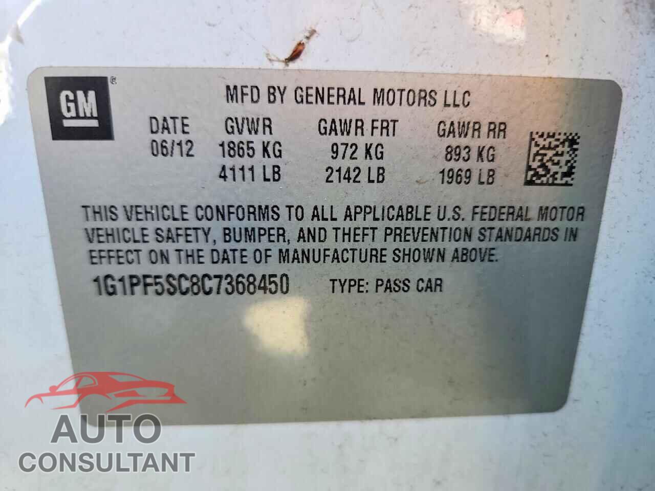 CHEVROLET CRUZE 2012 - 1G1PF5SC8C7368450