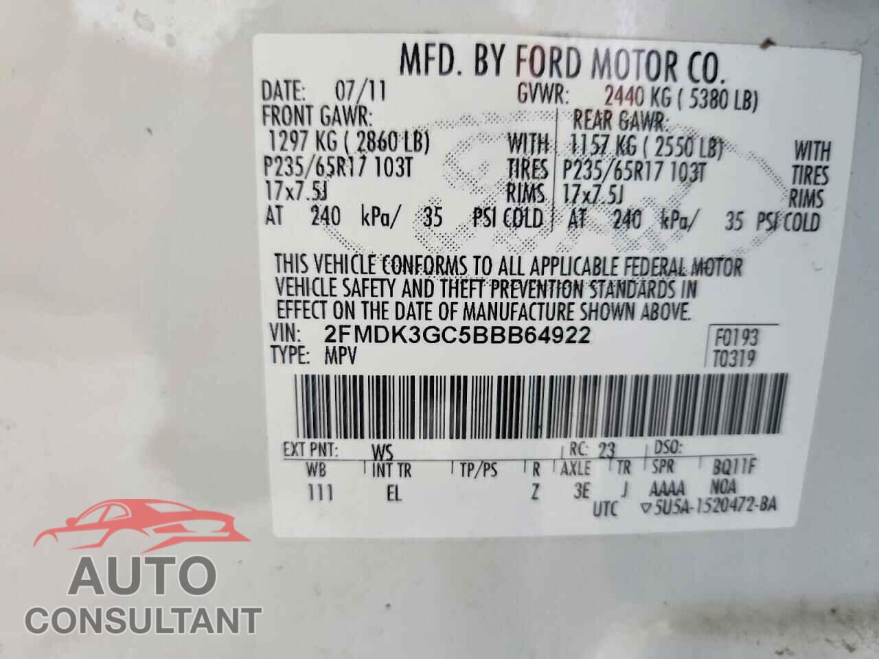 FORD EDGE 2011 - 2FMDK3GC5BBB64922
