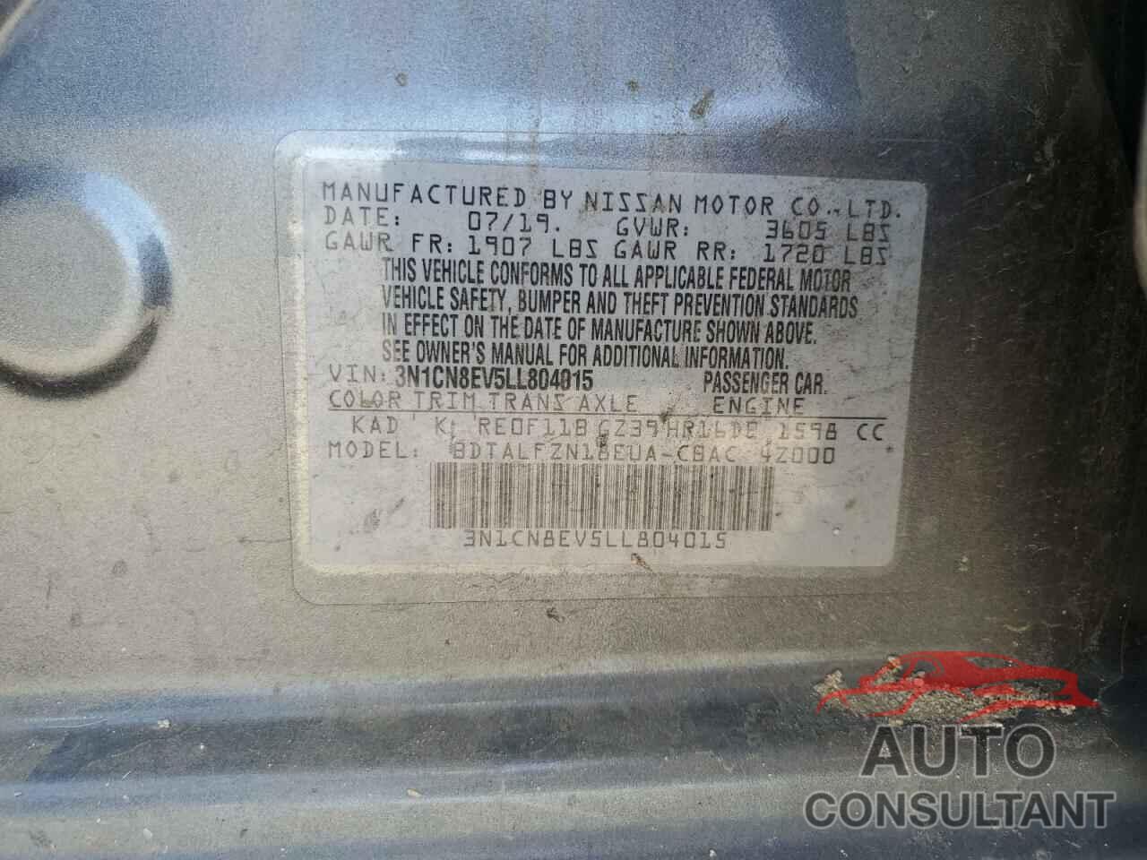NISSAN VERSA 2020 - 3N1CN8EV5LL804015