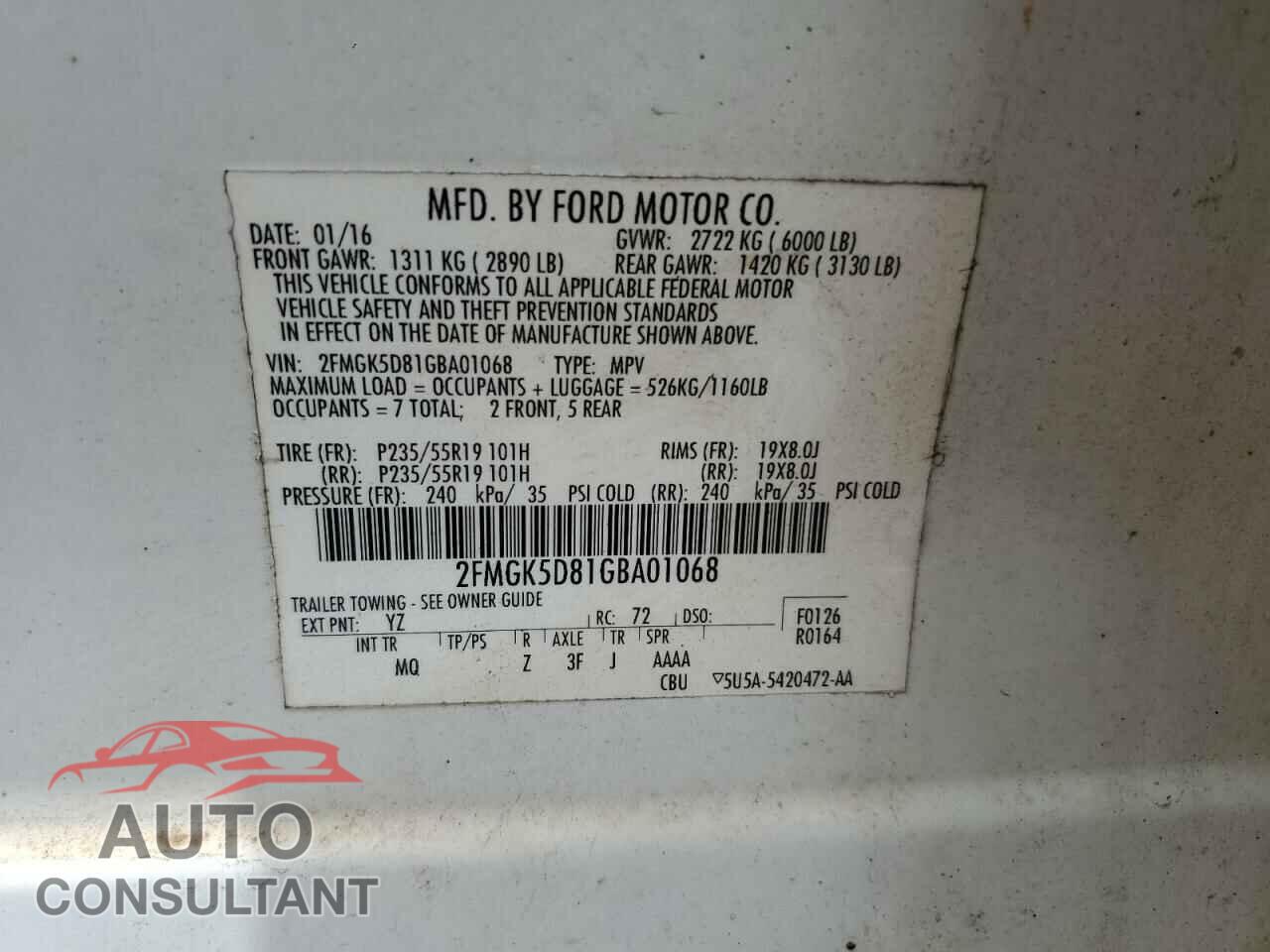 FORD FLEX 2016 - 2FMGK5D81GBA01068