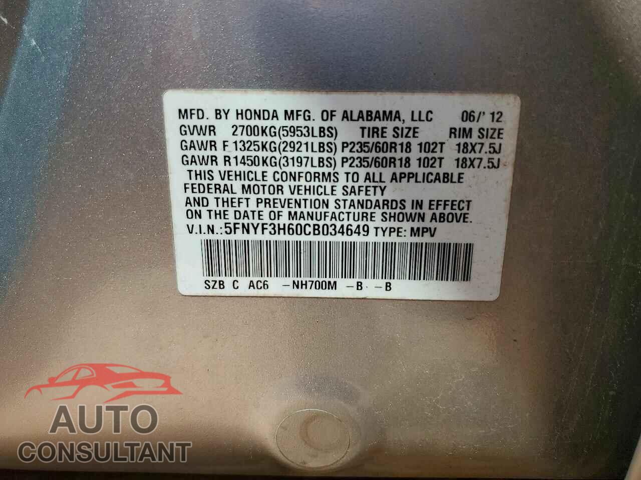 HONDA PILOT 2012 - 5FNYF3H60CB034649