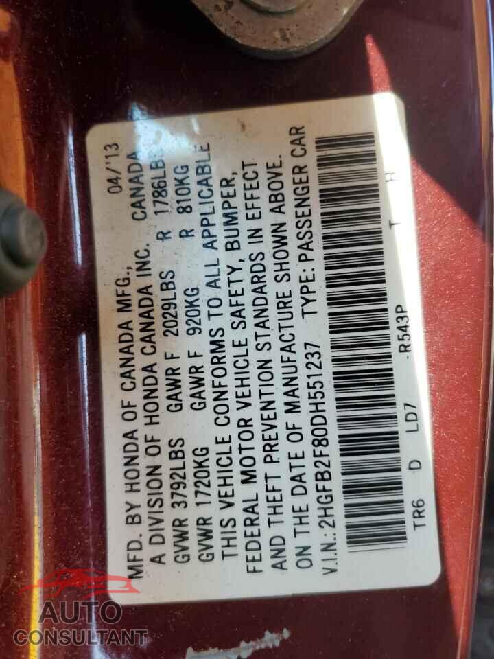 HONDA CIVIC 2013 - 2HGFB2F80DH551237