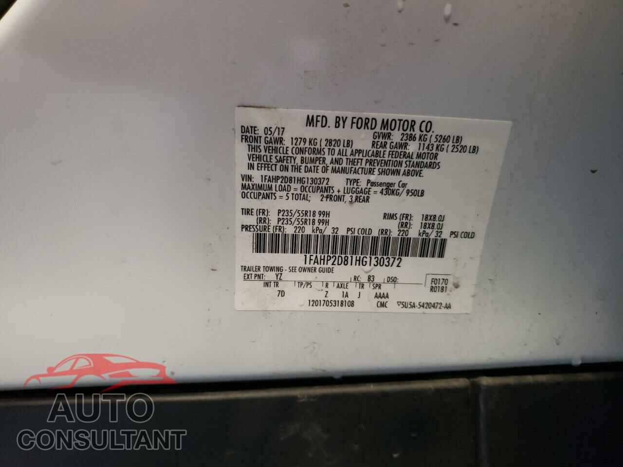 FORD TAURUS 2017 - 1FAHP2D81HG130372