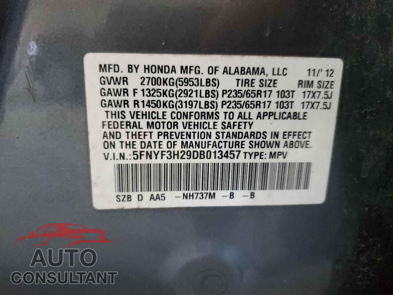 HONDA PILOT 2013 - 5FNYF3H29DB013457