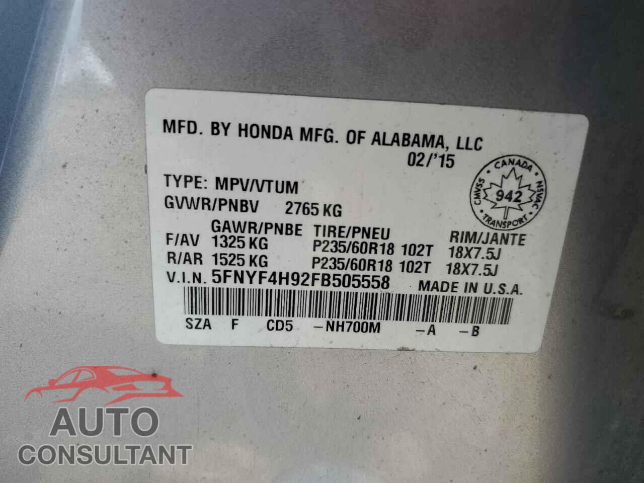 HONDA PILOT 2015 - 5FNYF4H92FB505558