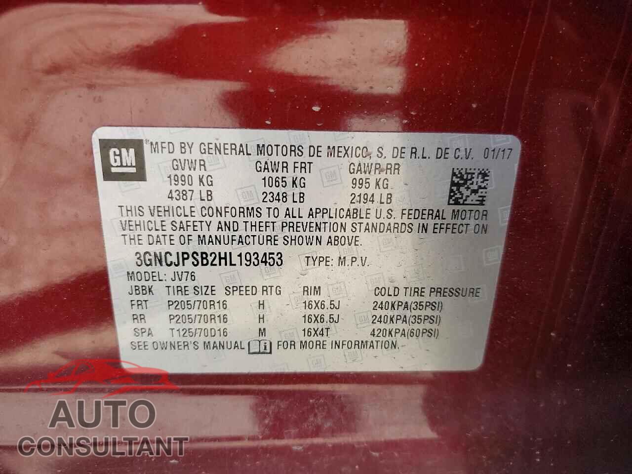 CHEVROLET TRAX 2017 - 3GNCJPSB2HL193453