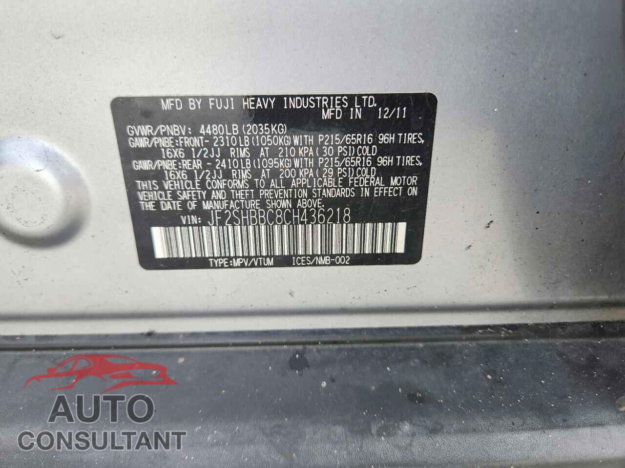 SUBARU FORESTER 2012 - JF2SHBBC8CH436218