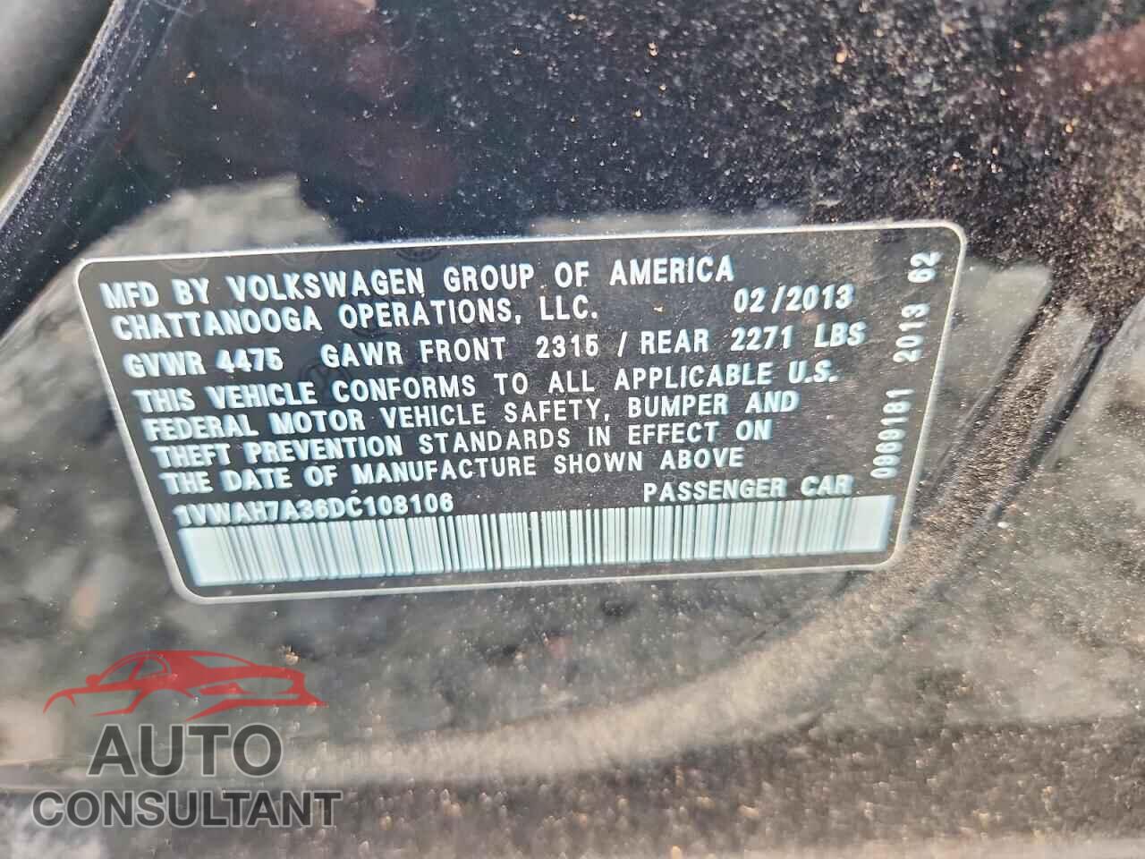 VOLKSWAGEN PASSAT 2013 - 1VWAH7A36DC108106