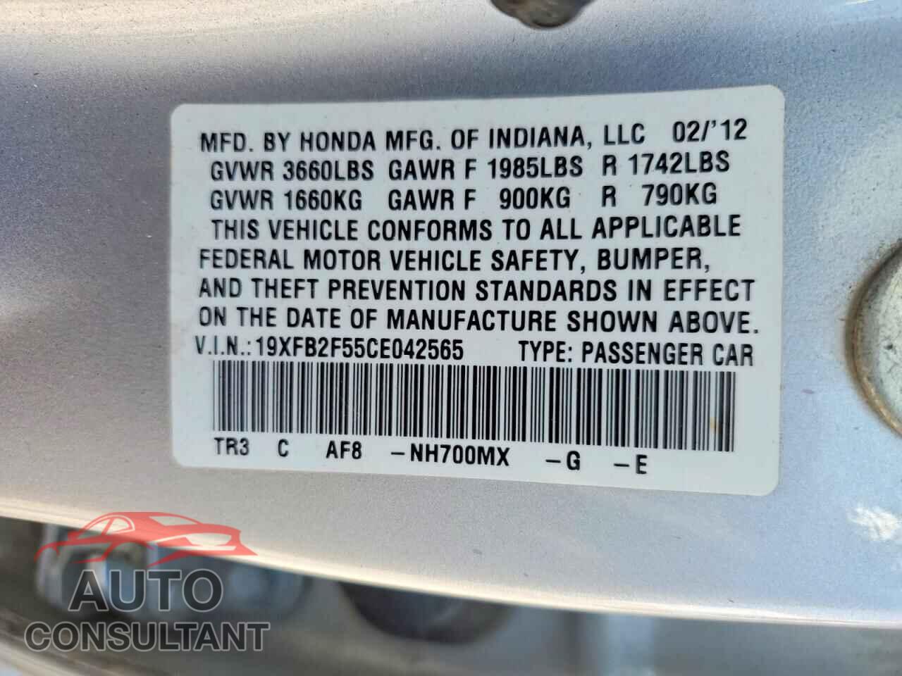 HONDA CIVIC 2012 - 19XFB2F55CE042565