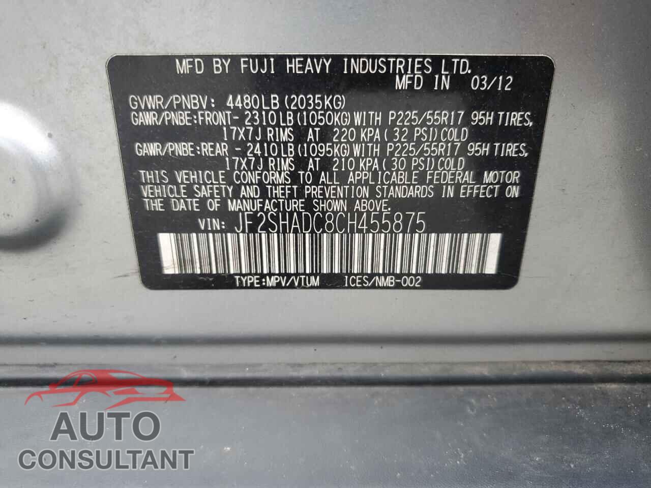 SUBARU FORESTER 2012 - JF2SHADC8CH455875