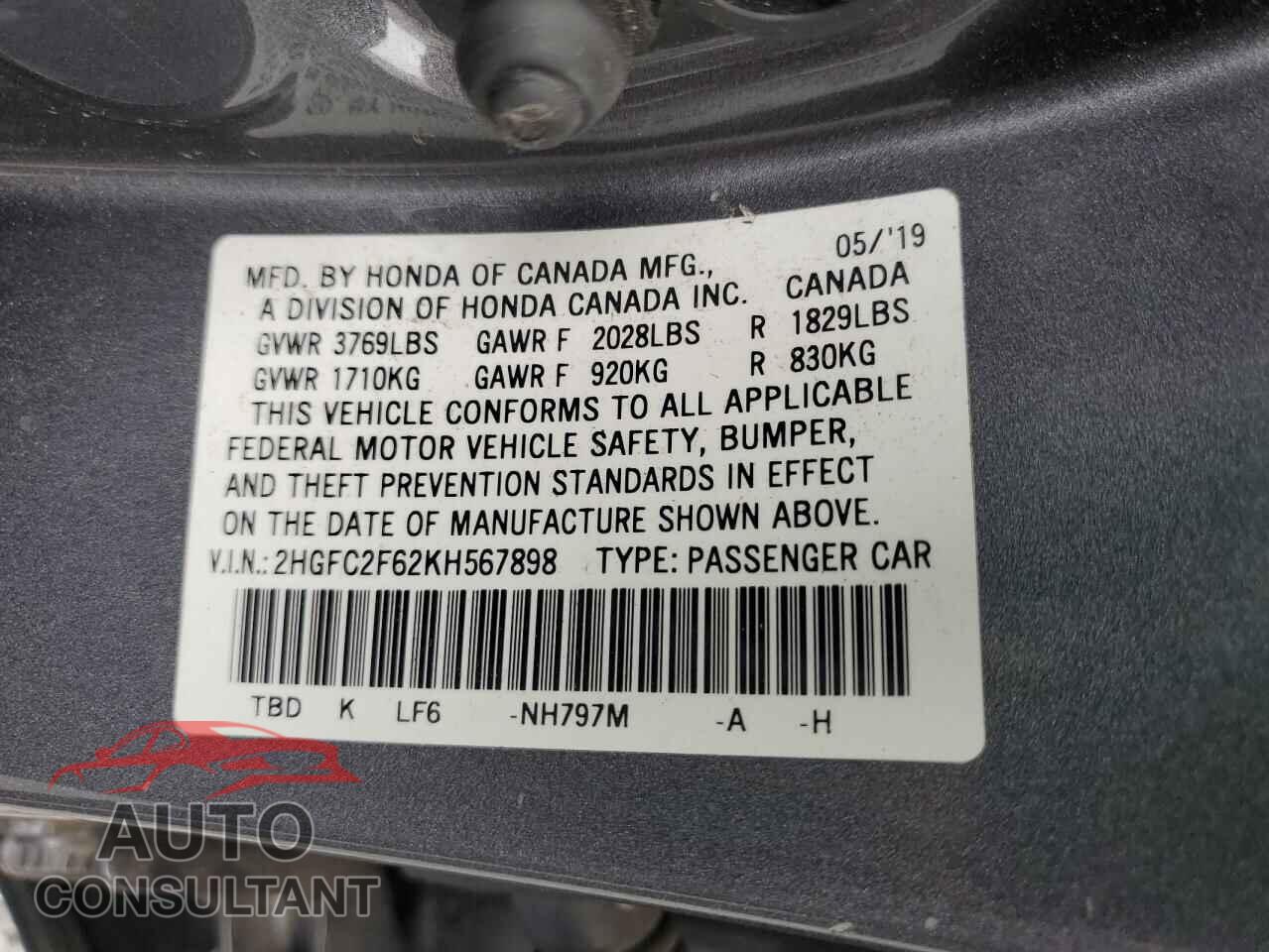 HONDA CIVIC 2019 - 2HGFC2F62KH567898