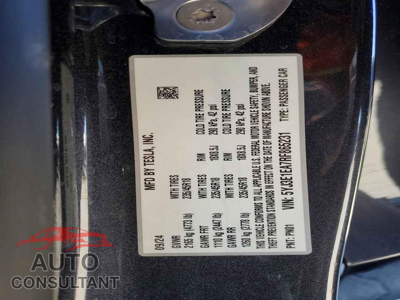 TESLA MODEL 3 2024 - 5YJ3E1EA7RF865231