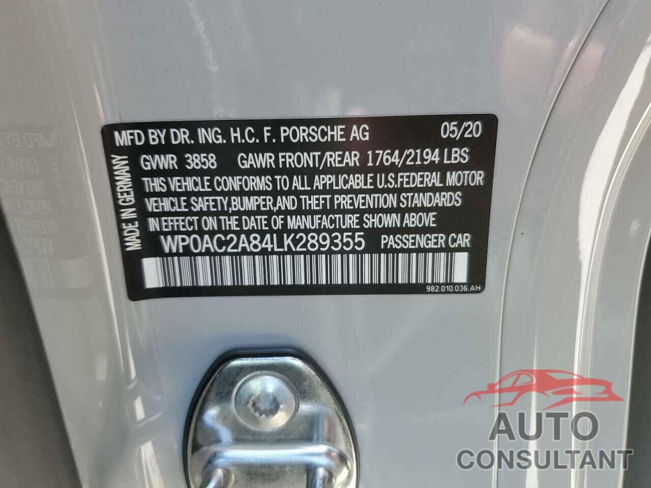 PORSCHE CAYMAN 2020 - WP0AC2A84LK289355
