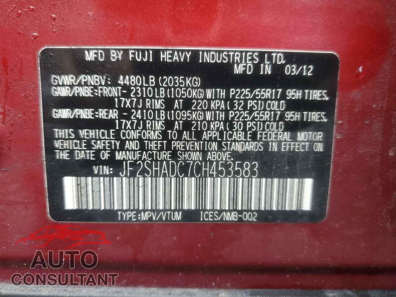 SUBARU FORESTER 2012 - JF2SHADC7CH453583