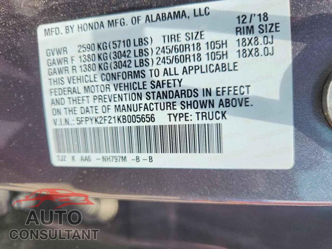 HONDA RIDGELINE 2019 - 5FPYK2F21KB005656