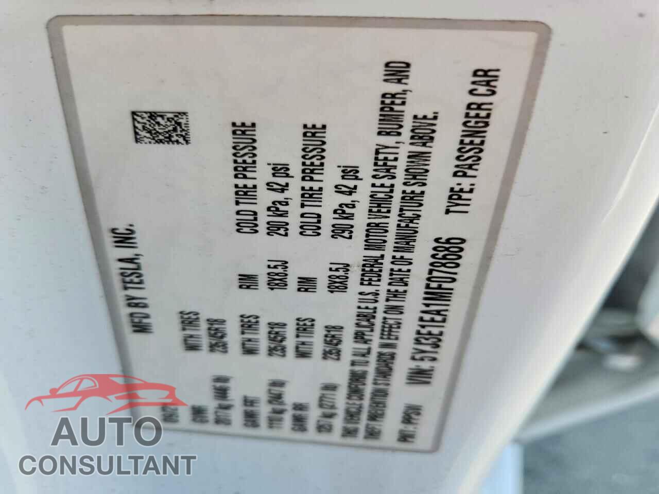 TESLA MODEL 3 2021 - 5YJ3E1EA1MF078686