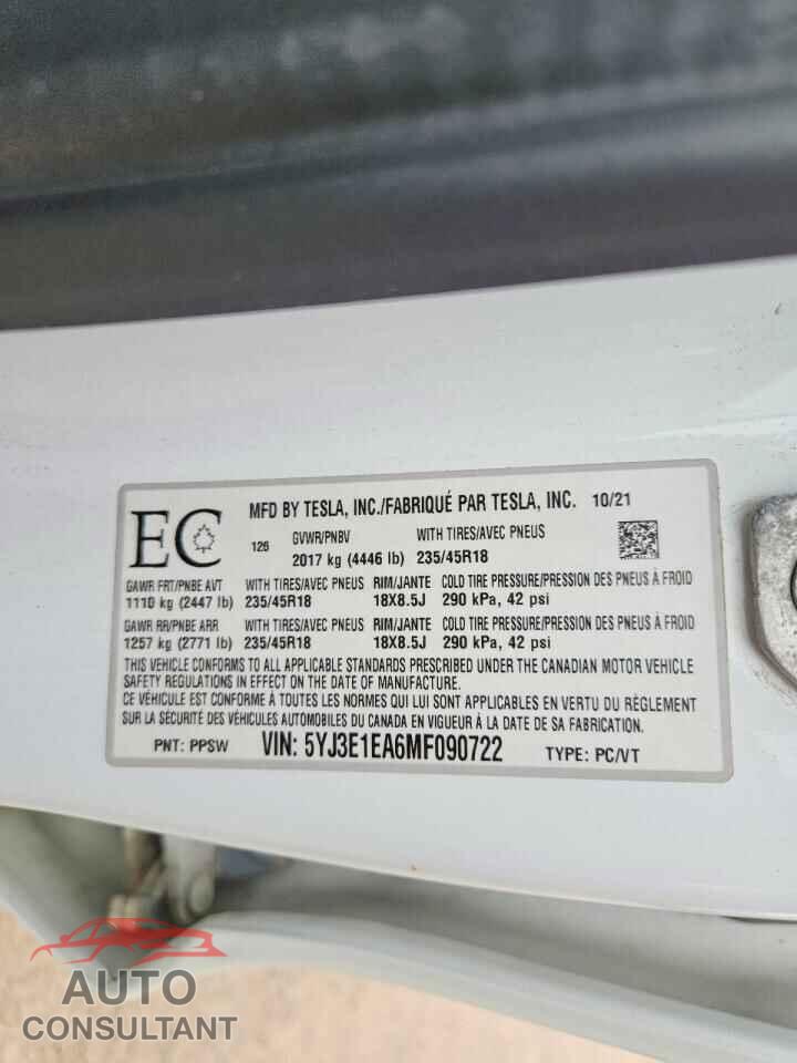 TESLA MODEL 3 2021 - 5YJ3E1EA6MF090722
