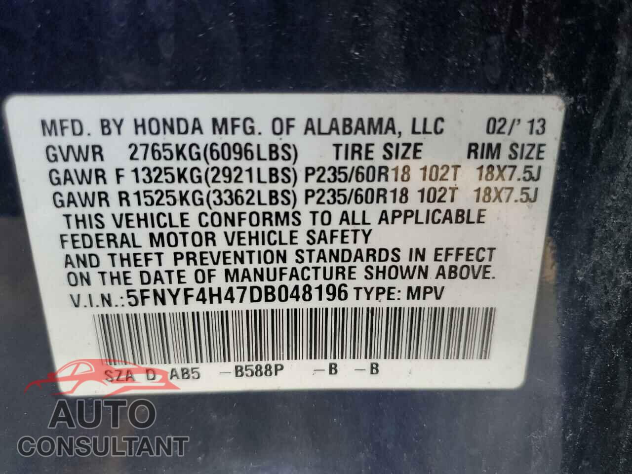 HONDA PILOT 2013 - 5FNYF4H47DB048196