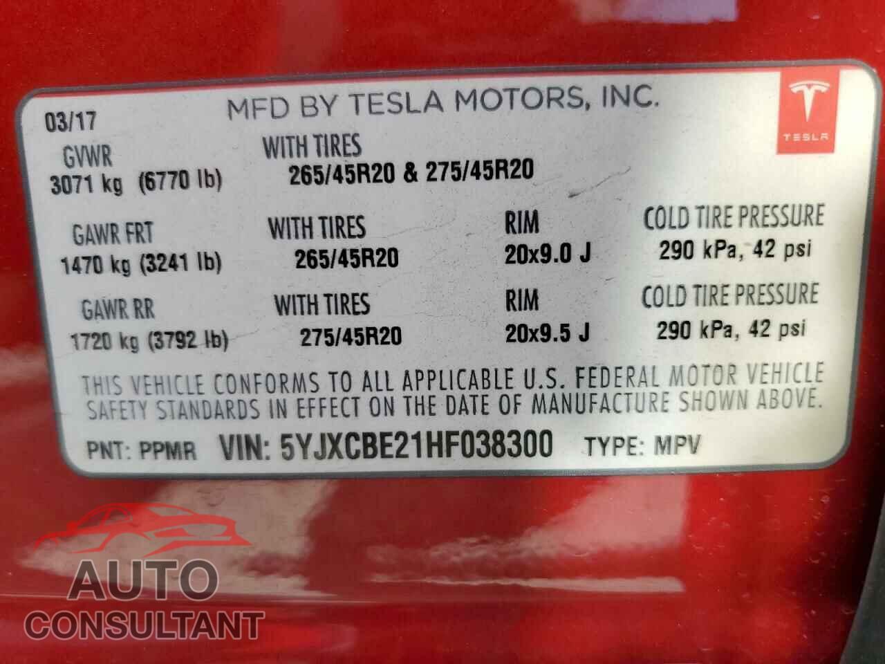 TESLA MODEL X 2017 - 5YJXCBE21HF038300