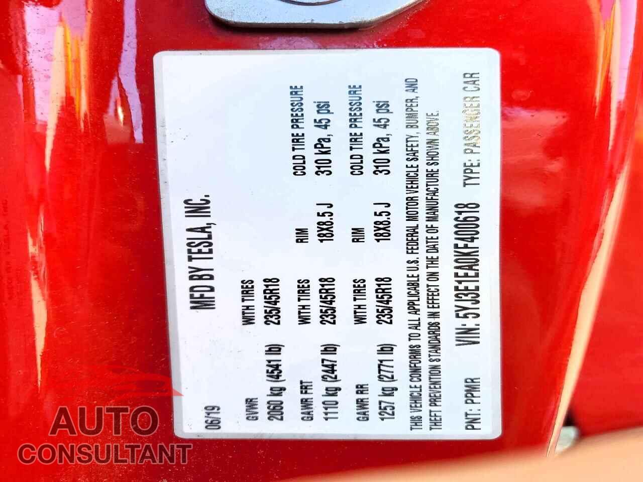 TESLA MODEL 3 2019 - 5YJ3E1EA0KF400618
