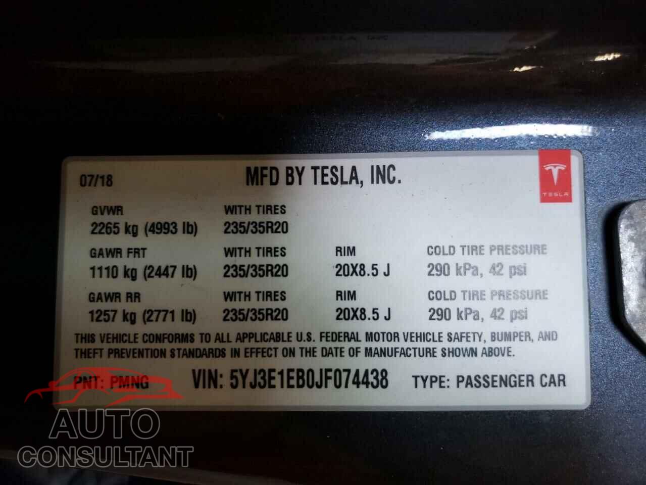 TESLA MODEL 3 2018 - 5YJ3E1EB0JF074438