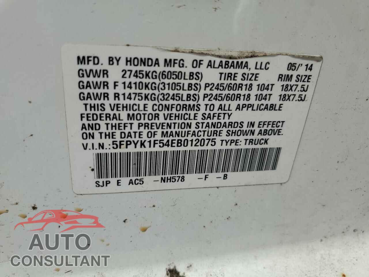 HONDA RIDGELINE 2014 - 5FPYK1F54EB012075