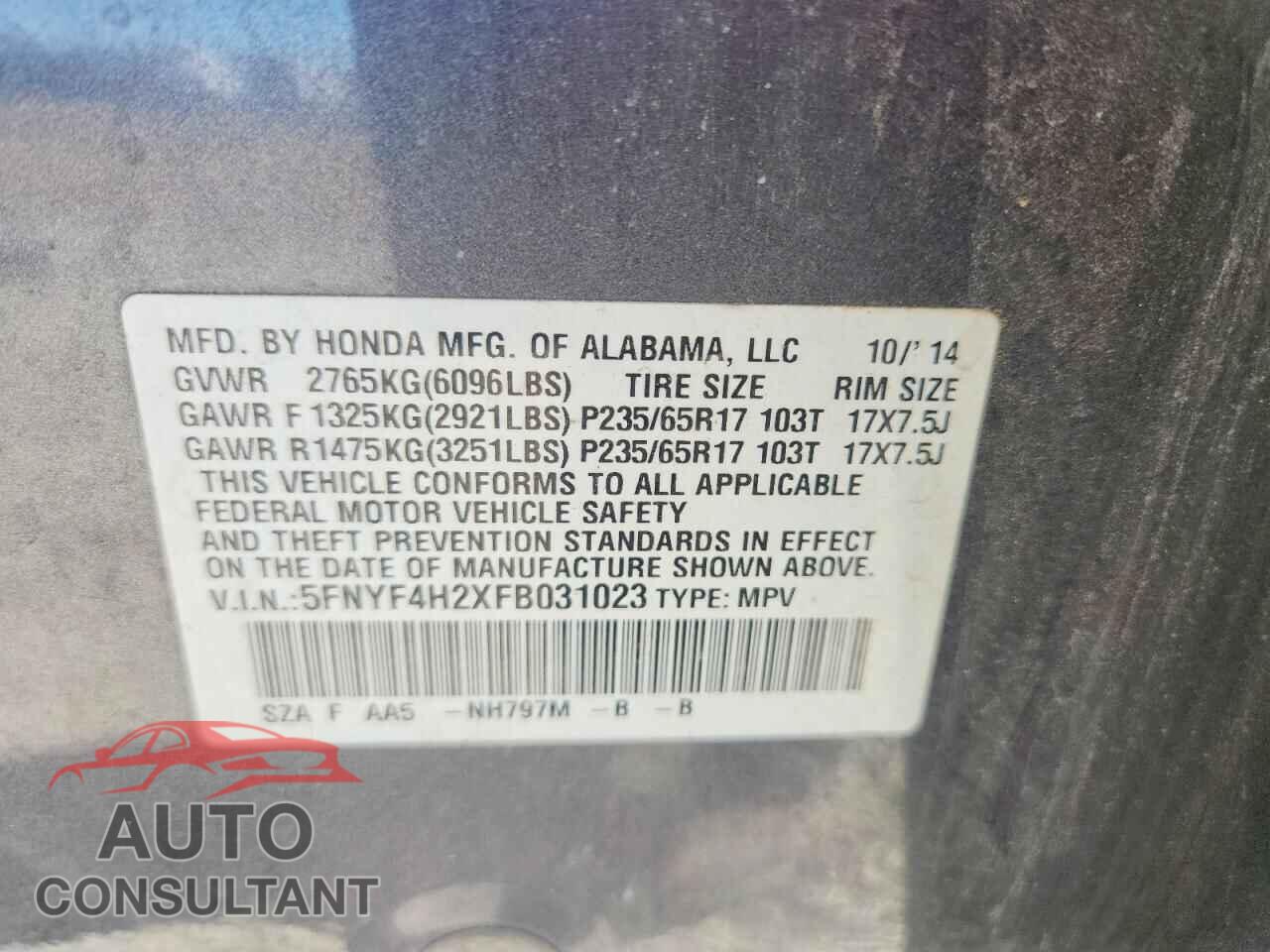 HONDA PILOT 2015 - 5FNYF4H2XFB031023