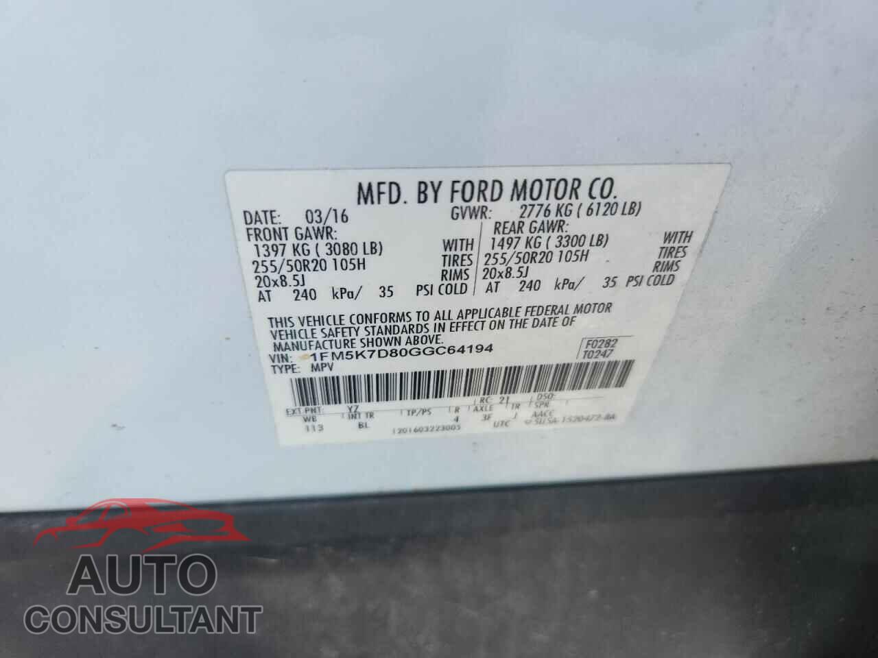 FORD EXPLORER 2016 - 1FM5K7D80GGC64194