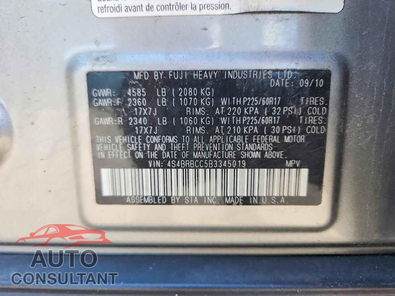 SUBARU OUTBACK 2011 - 4S4BRBCC5B3345019