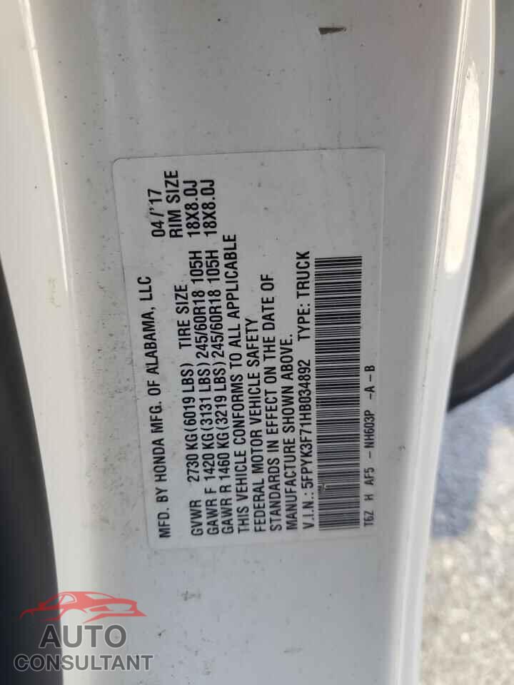 HONDA RIDGELINE 2017 - 5FPYK3F71HB034892