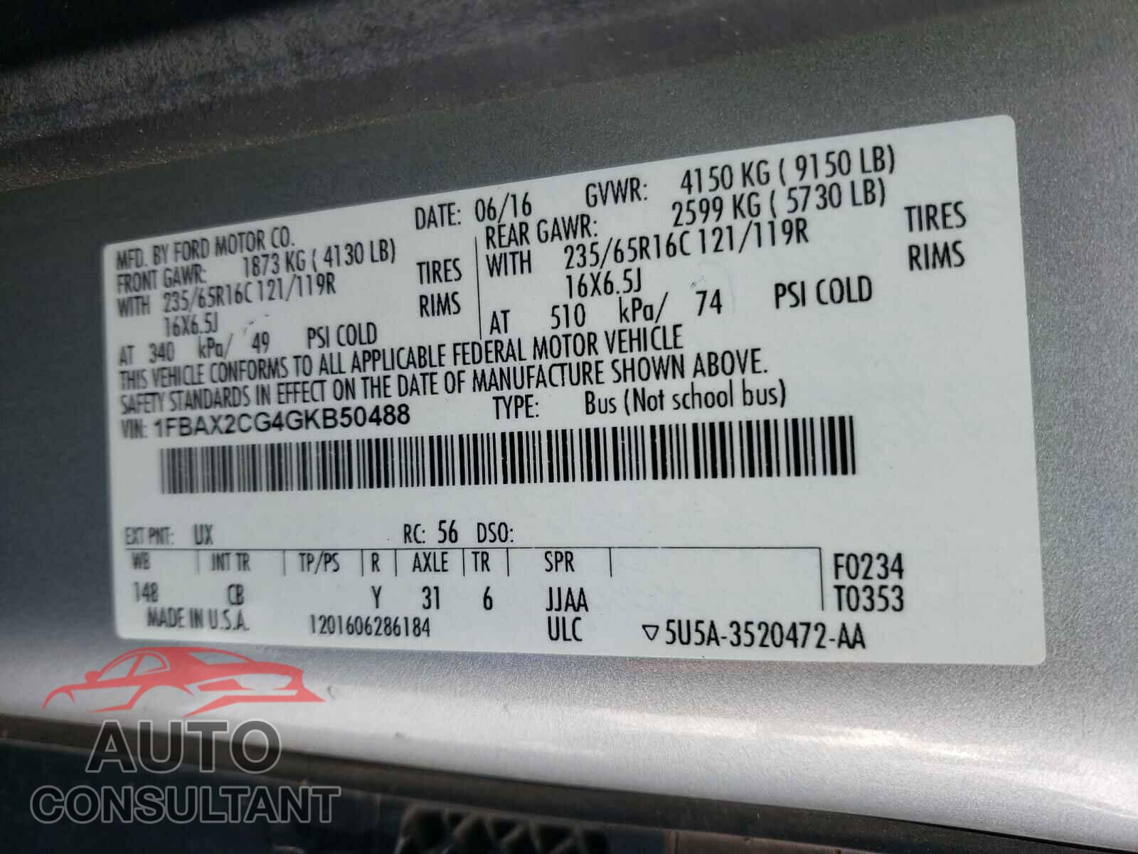 FORD TRANSIT CO 2016 - 1FBAX2CG4GKB50488