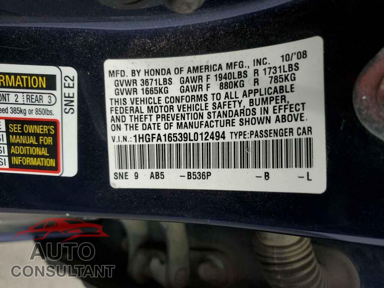 HONDA CIVIC 2009 - 1HGFA16539L012494