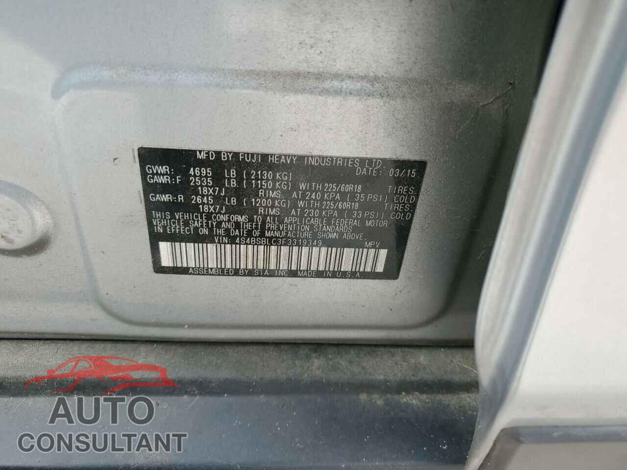 SUBARU OUTBACK 2015 - 4S4BSBLC3F3319349