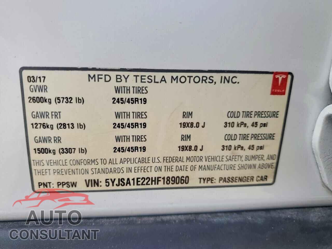 TESLA MODEL S 2017 - 5YJSA1E22HF189060