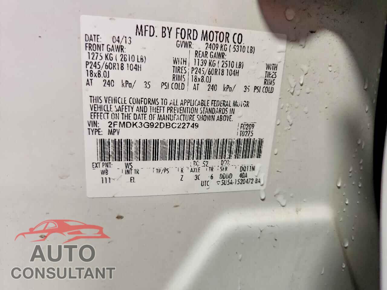 FORD EDGE 2013 - 2FMDK3G92DBC22749
