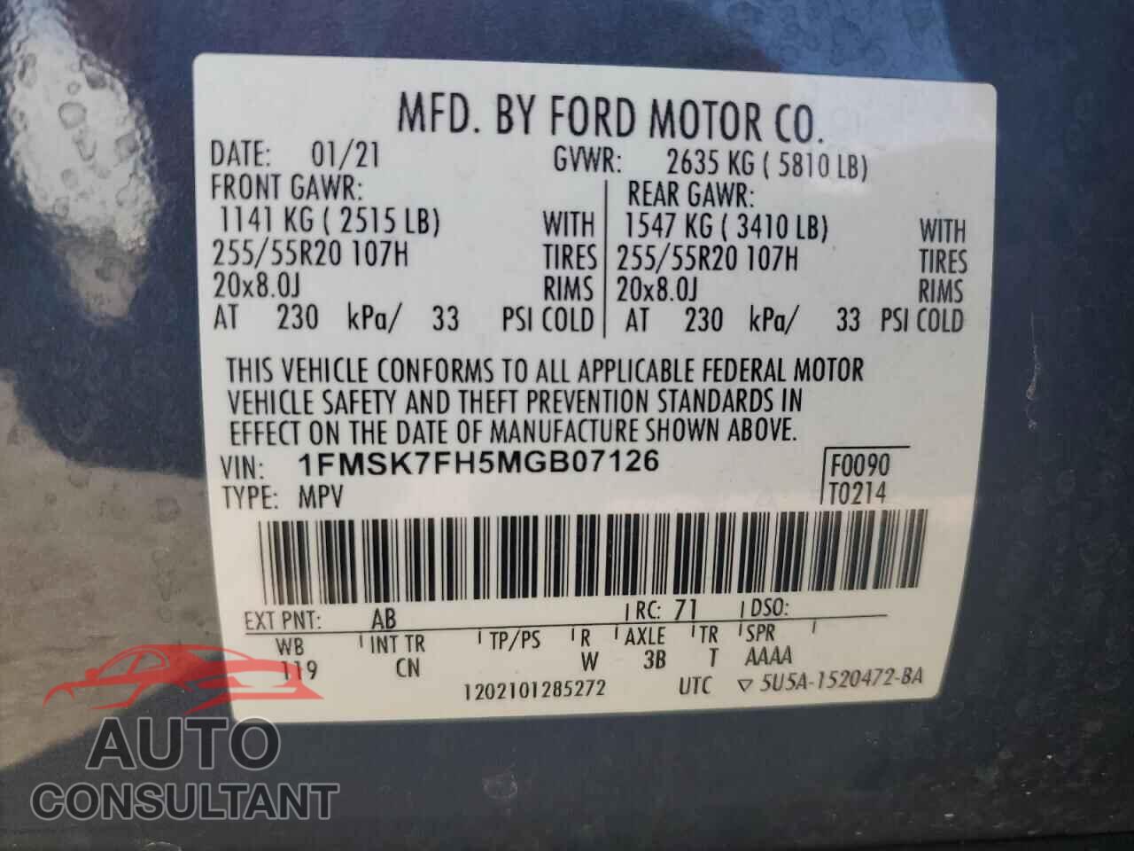 FORD EXPLORER 2021 - 1FMSK7FH5MGB07126