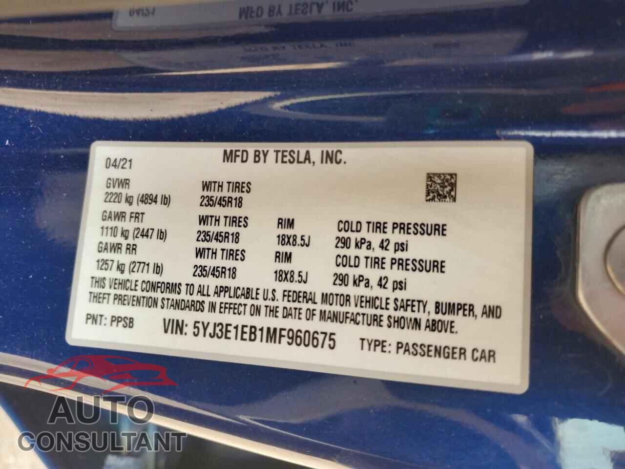 TESLA MODEL 3 2021 - 5YJ3E1EB1MF960675