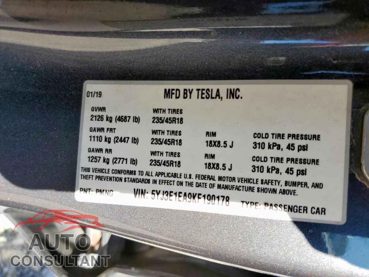 TESLA MODEL 3 2019 - 5YJ3E1EA9KF190178