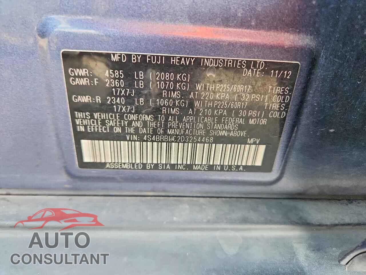 SUBARU OUTBACK 2013 - 4S4BRBLC2D3254468