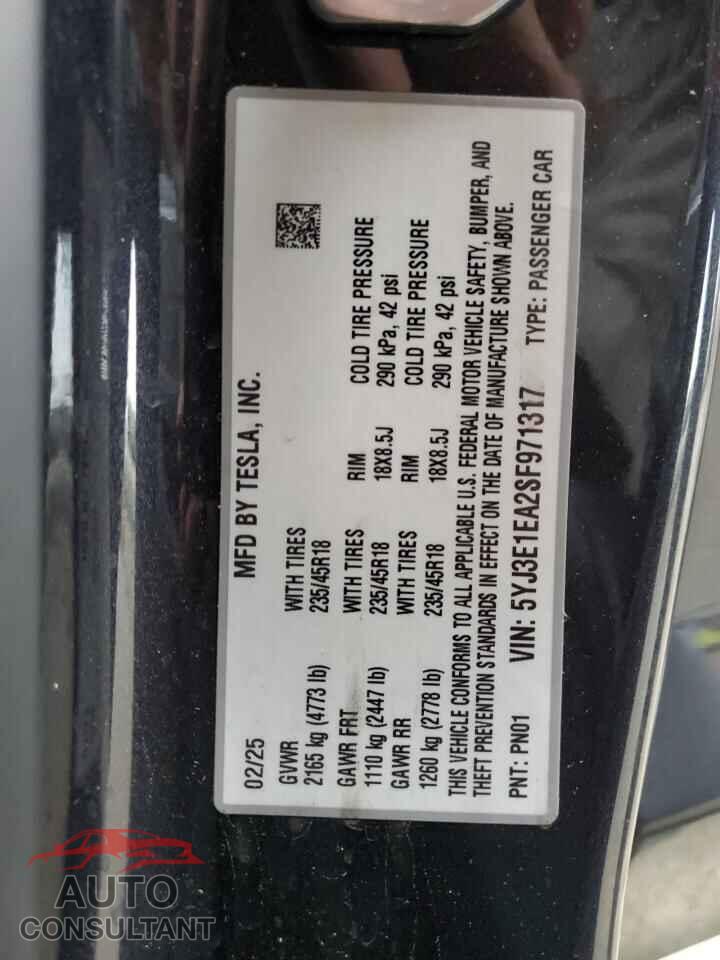 TESLA MODEL 3 2025 - 5YJ3E1EA2SF971317