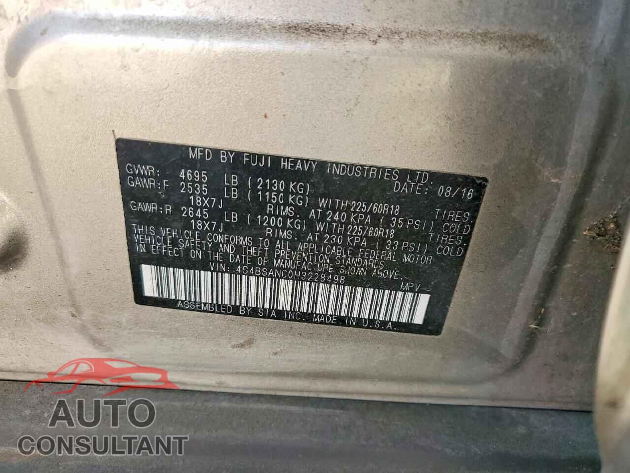 SUBARU OUTBACK 2017 - 4S4BSANC0H3228498