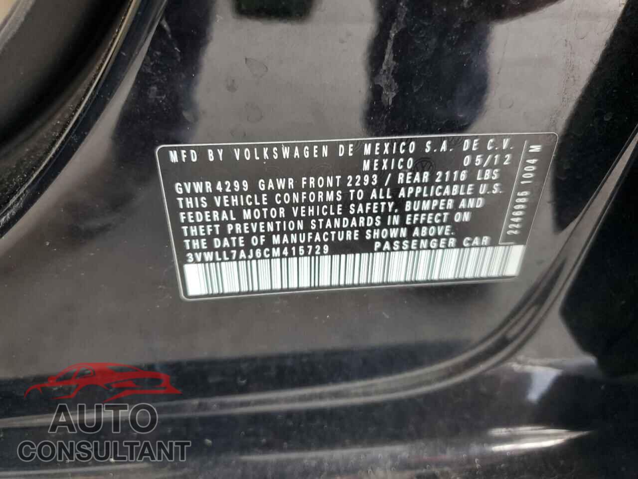 VOLKSWAGEN JETTA 2012 - 3VWLL7AJ6CM415729