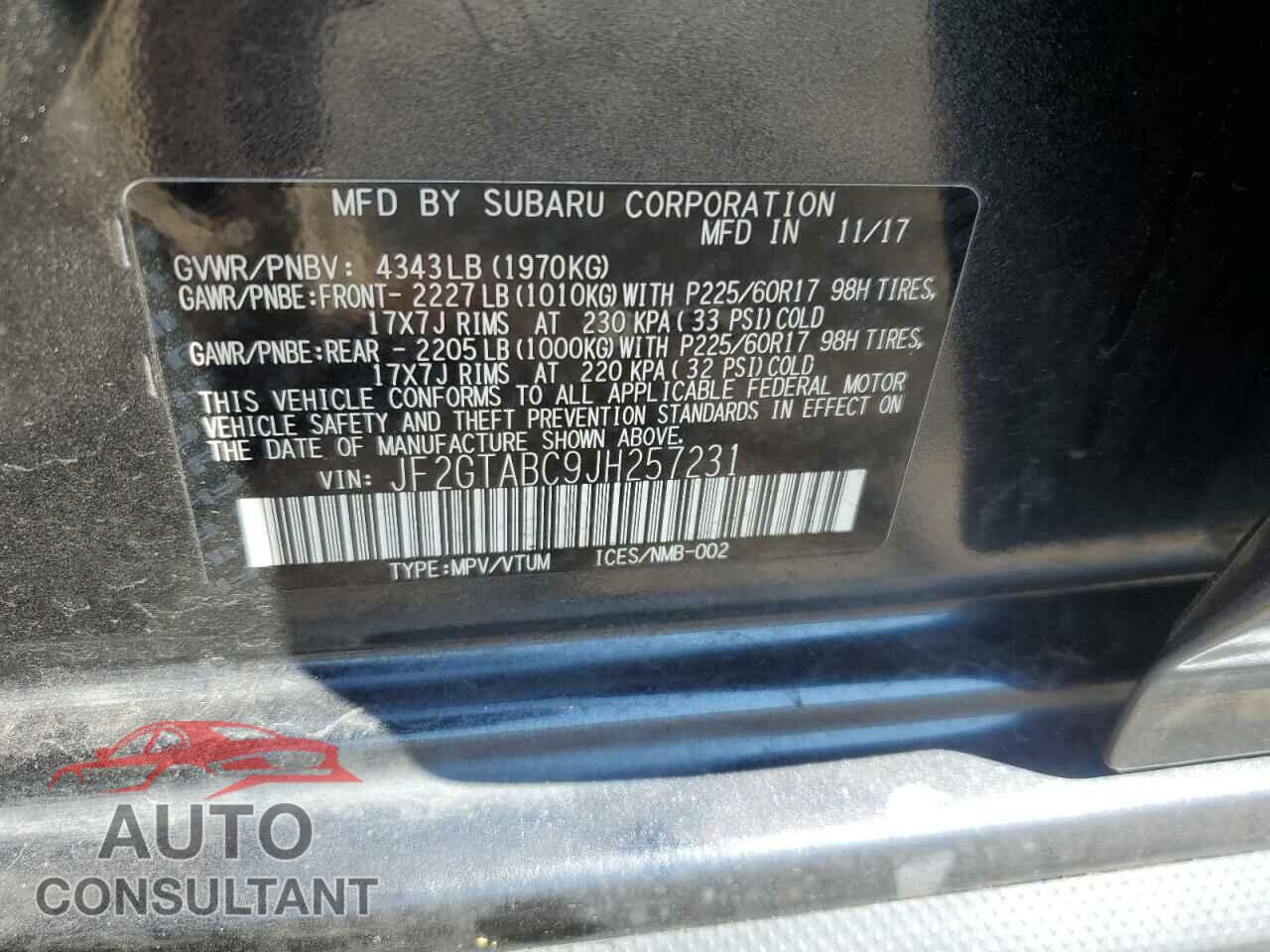 SUBARU CROSSTREK 2018 - JF2GTABC9JH257231